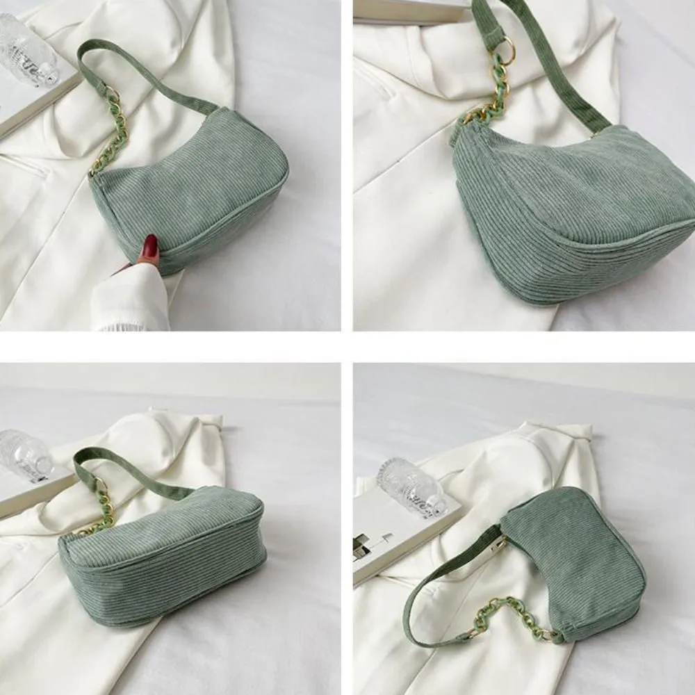 Hobo Chain Corduroy Shoulder Bag Korean Style Solid Color Crossbody Storage Makeup Lipstick Veet Underarm_voghion.com
