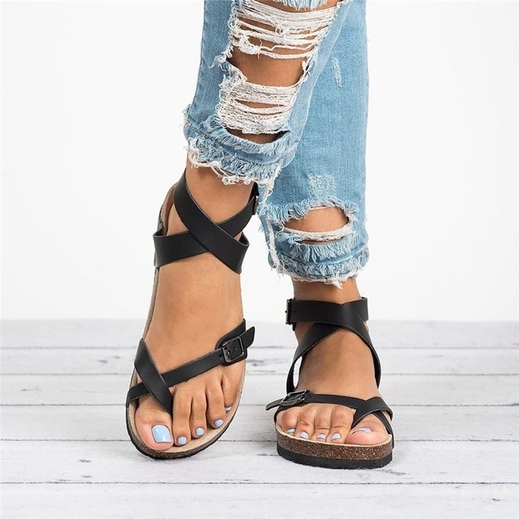 Damenschuhe Sommer Große Sandalen Korkboden Römische Zehenpartie Gürtelschnalle Wickelsandalen Für Damen_voghion.com