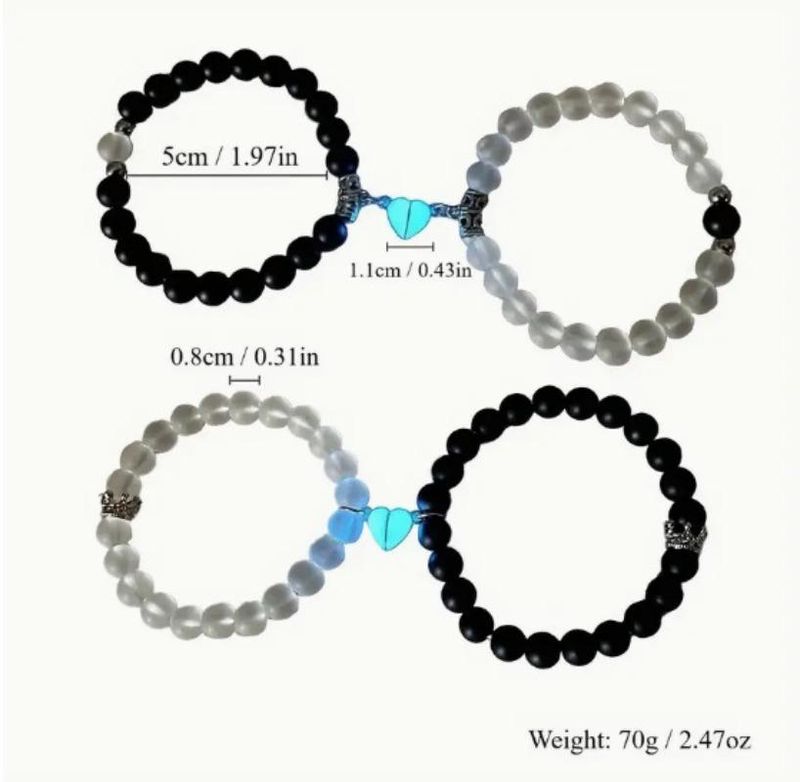 2 stk. 8 mm sort-hvid perlebesat lysende magnetisk hjerte, der lyser i mørket, pararmbånd til elskere og kvinder, gave_voghion.com