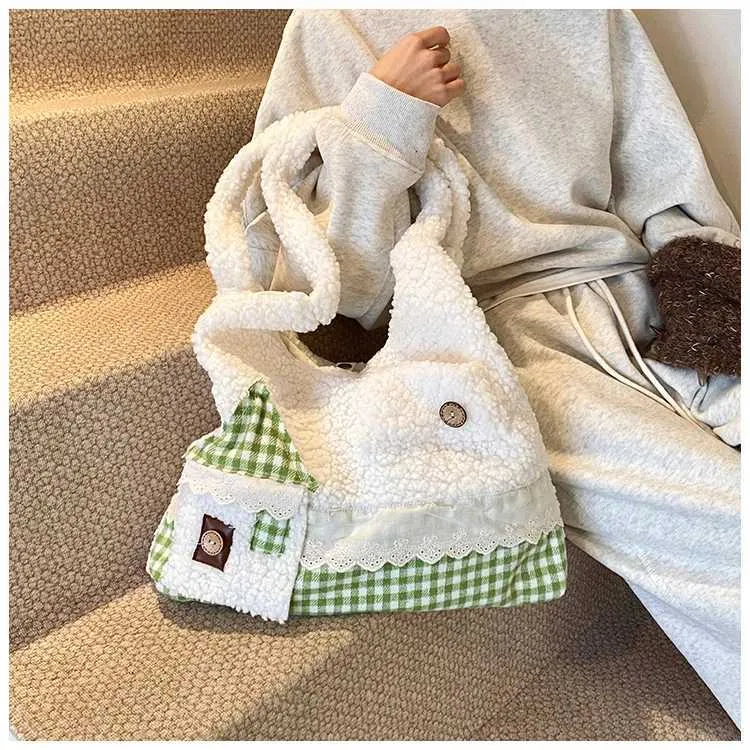 Womens Cute Fleece Patchwork Cartoon Pattern Solid Plush Shoudler Bag Large Capacity Female Commute Veet Handle_voghion.com