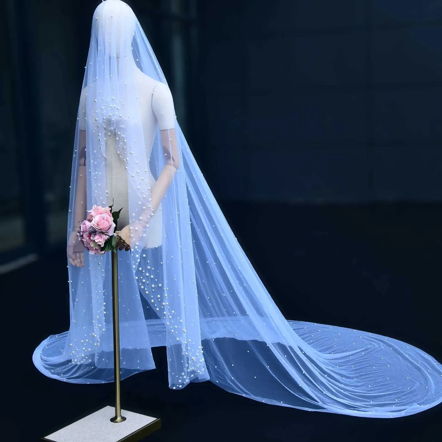 Hair Jewelry V66 Pearls Beaded Bridal Church 3M Long Cathedral Veils No Comb Nail Pretty Wedding Accessories 1 Tier Soft_voghion.com