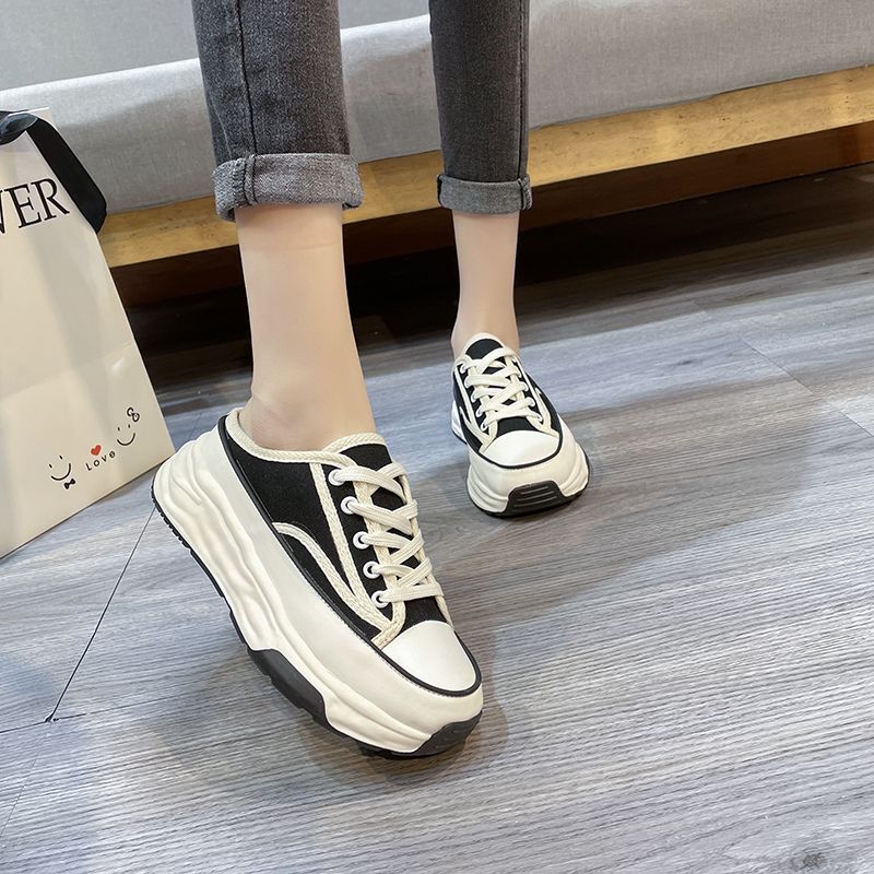 Pantofole casual in tela con lacci e stile Baotou, metà nuovo, primavera-autunno, moda donna 2023_voghion.com
