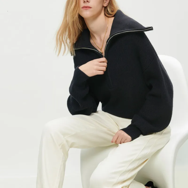 Damen Reißverschluss Stehkragen Modischer einfarbiger lockerer Pullover Damen lässig gestrickt Langarmpullover Winter_voghion.com