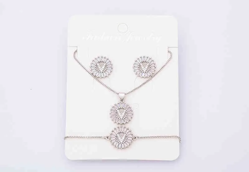 Charm Initial Necklace + Stud Earrings Bracelet Sets Jewelry Copper Zircon White Color A-z 26 Letters Alphabet_voghion.com
