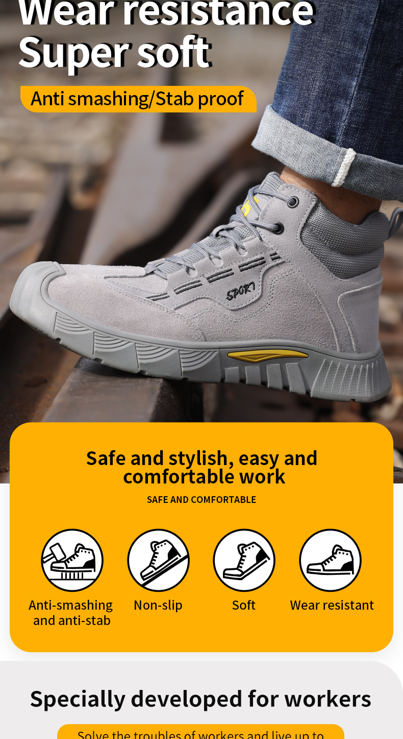 GUYISA Scarpe antinfortunistiche da uomo con punta in acciaio, stivali grigi anti-sfondamento e anti-perforazione, antiusura, CN37-47 0266G_voghion.com