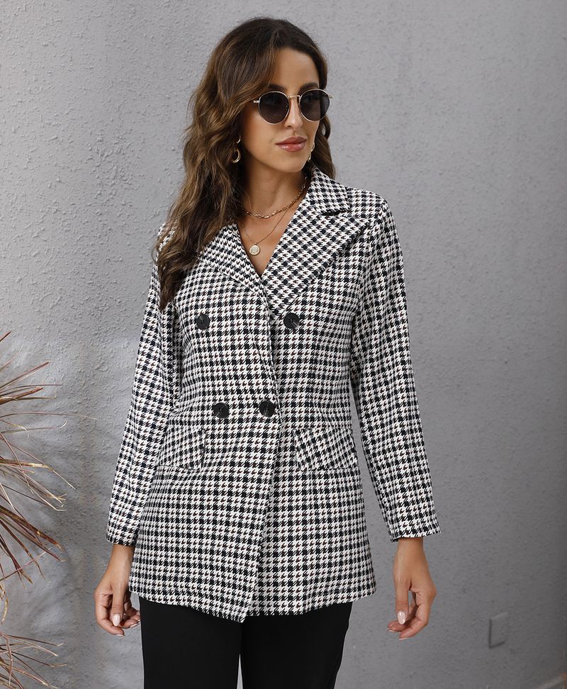 Veste à manches longues à revers pied-de-poule pour femme_voghion.com