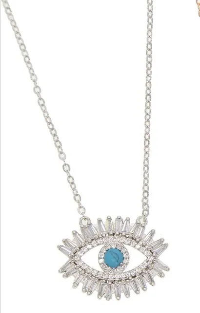 Trendy Gold Plated Turkish Necklace Lucky Girl Gift Baguette Cubic Zirconia Turquoise Geomstone Top Quality Evil Eye_voghion.com