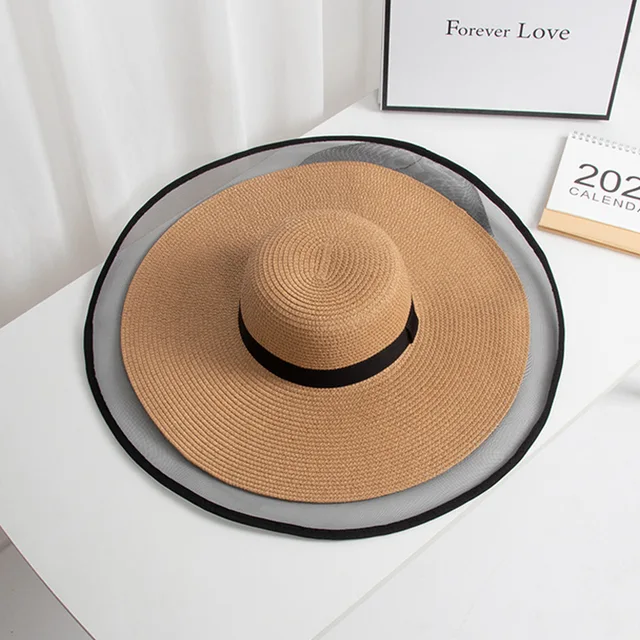Hot Sale S09 Straw hat New Style Black Mesh Female Summer Sunscreen Cover Seaside Vacation Holiday Foldable Beach Hat Sun Visor_voghion.com