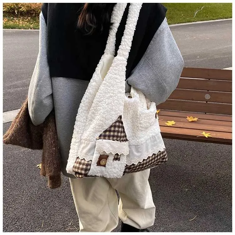 Womens Cute Fleece Patchwork Cartoon Pattern Solid Plush Shoudler Bag Large Capacity Female Commute Veet Handle_voghion.com