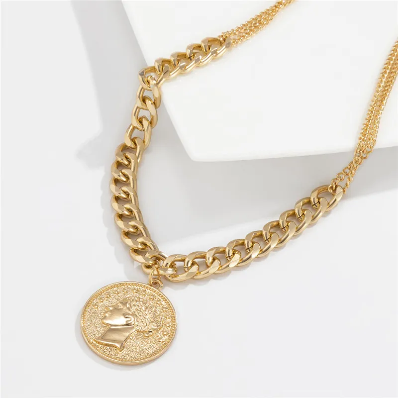 Anheng Halskjeder Punk Gull Sier Farge Utskåret Portrett Halskjede For Kvinner Jente Metall Chunky Chain Choker Fest Smykker_voghion.com