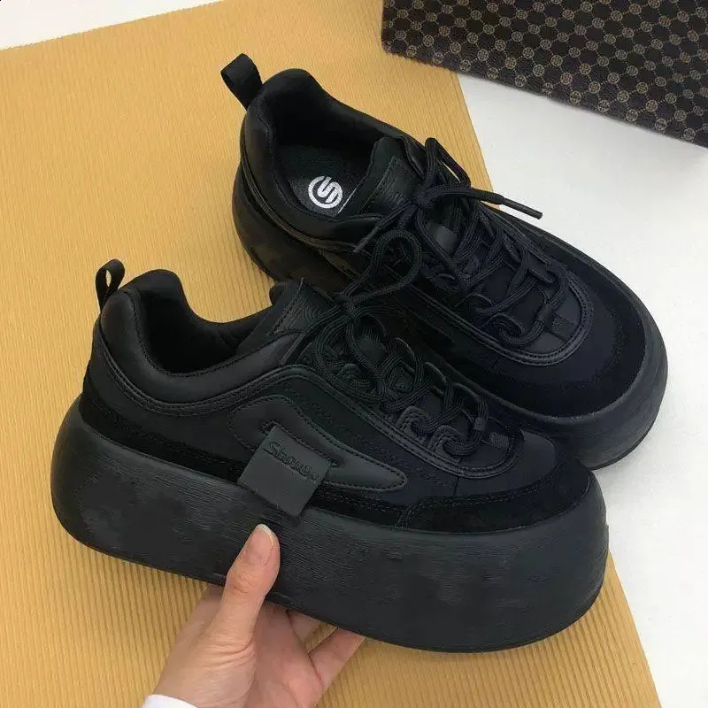 Spring Leather Black Platform Sneakers Thick Sole Chunky Women Slip On Lace-up Fashion Casual Comfort Walking Shoes_voghion.com