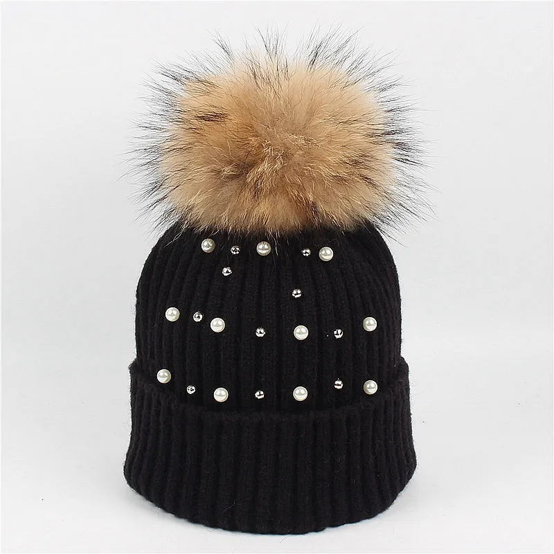 High Quality Bling diamond Hat lady 15cm raccoon hair ball knit cap tide rabbit fur pearl wrap warm winter hat wholesale_voghion.com