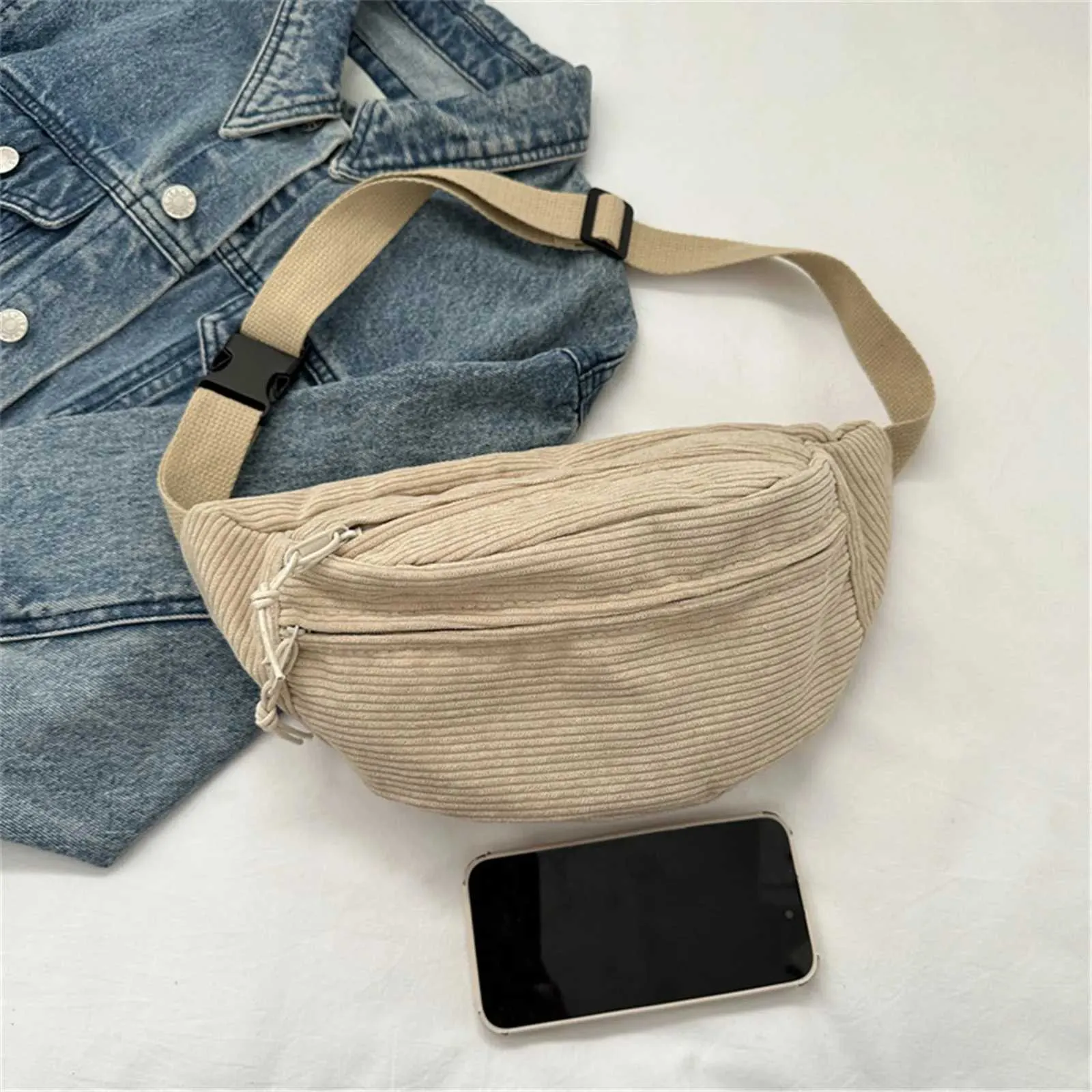 Borsa a tracolla a tracolla per studente in tela in vita da donna in velluto a coste 2024 Marsupio moda telefono Banana marsupio femminile_voghion.com