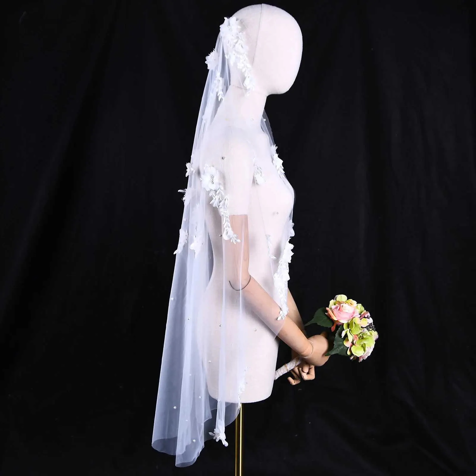 Hair Jewelry Elegance 3D Flowers Bridal Veil 1 Meters Short Veu Wedding Dresses Accessories with Organza Flower Voile_voghion.com