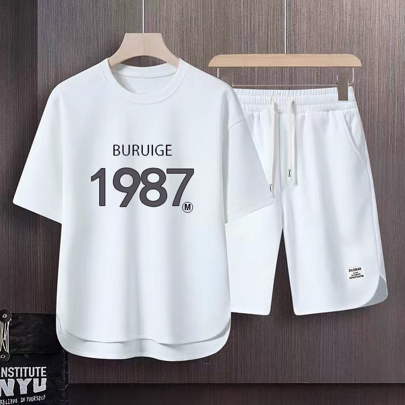 Men’s Clothing 2024 Waffle Casual Summer Suit Men’s Loose Teen Short sleeved T shirt Shorts Handsome Two piece Suit