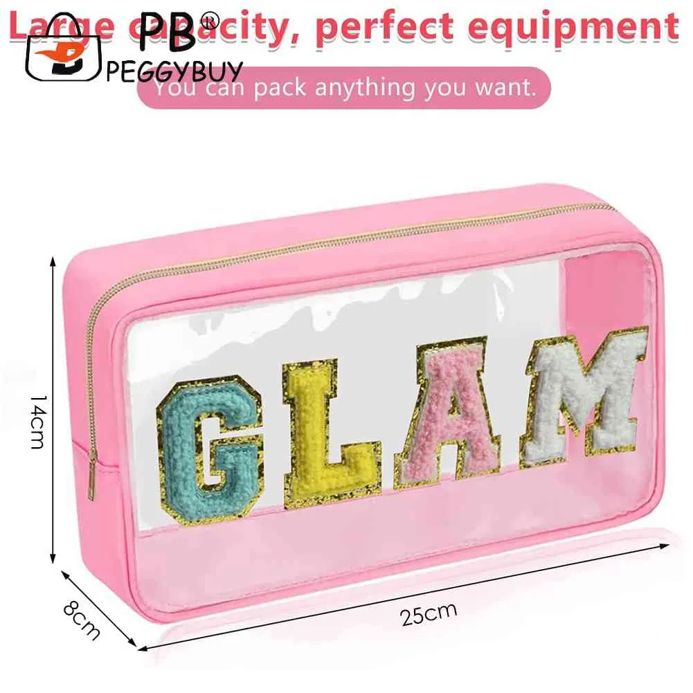 Fashion Cosmetic Bag Large Capacity Casual Organizer Clutch Bags Transparent Embroidered Letter Patches Portable For_voghion.com
