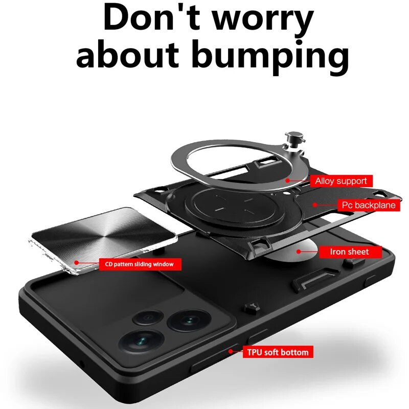 Custodia protettiva scorrevole per fotocamera per Xiaomi 13 12 11 10 Pro Plus Redmi Note 12S 11S 10S 13C 12C 9 Custodia con supporto ad anello magnetico_voghion.com