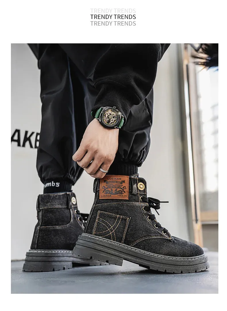 Denim Mid Top Casual Boots For Men Breathable Height Increasing_voghion.com