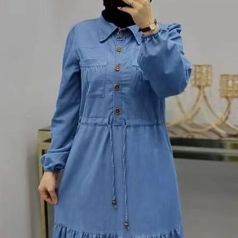 Blo Patchwork Maxi Dubai Tierkesch Kleeder Modesch Elegant Denim Kleed fir Fraen_voghion.com