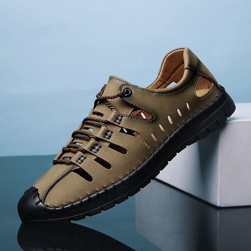 Sommer nye herresandaler, udendørs strand håndlavede hule åndbare fritidssko med hul, snørebånd indpakkede lædersko_voghion.com