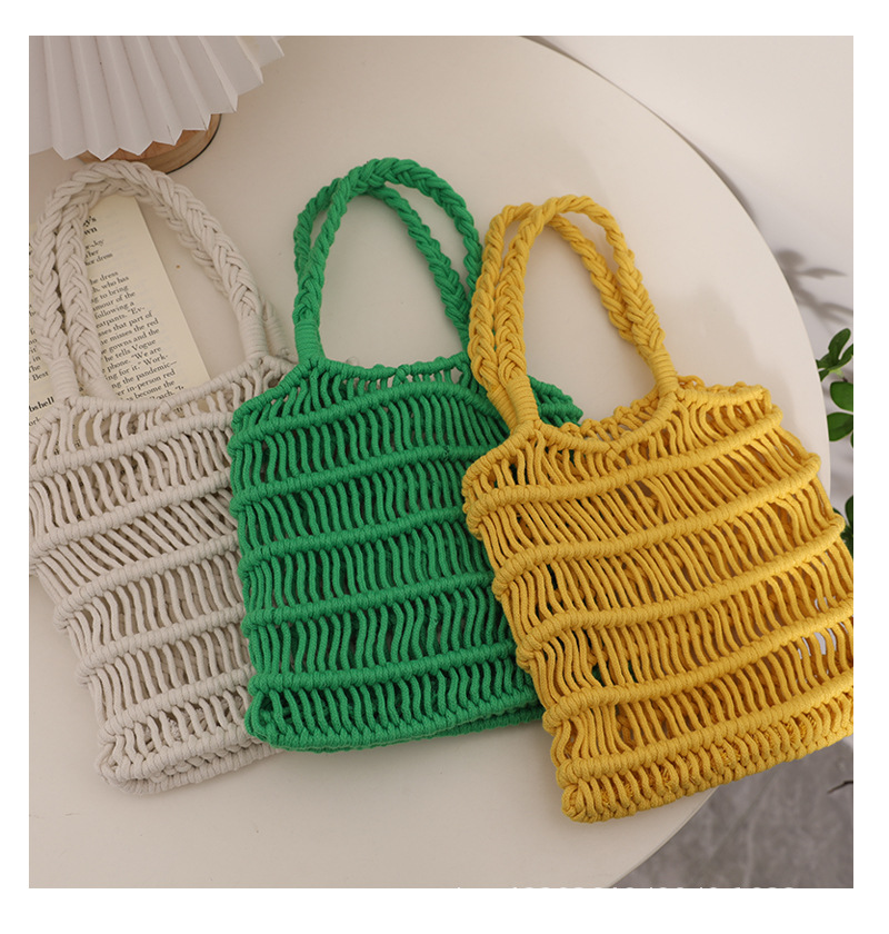 Women's Hollow Cotton Woven Handle Bag For Beach And Summer_voghion.com