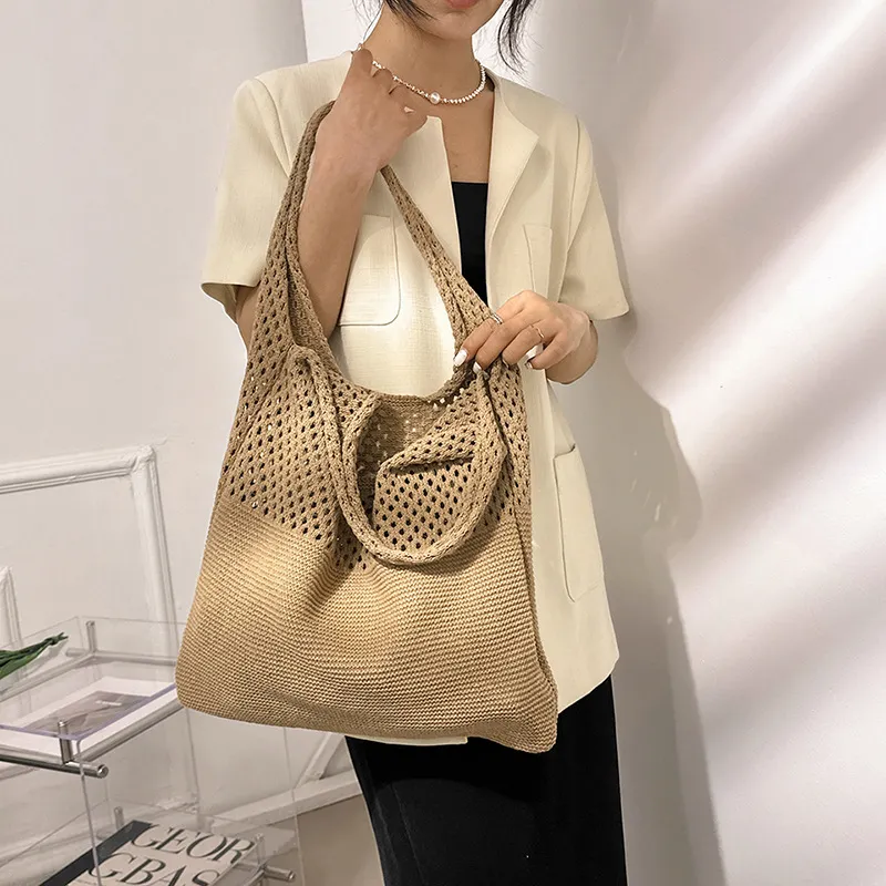 Borse a tracolla di grande capacità, alla moda, da donna, in tessuto cavo all'uncinetto, borse a mano, ecologiche, per la spesa._voghion.com