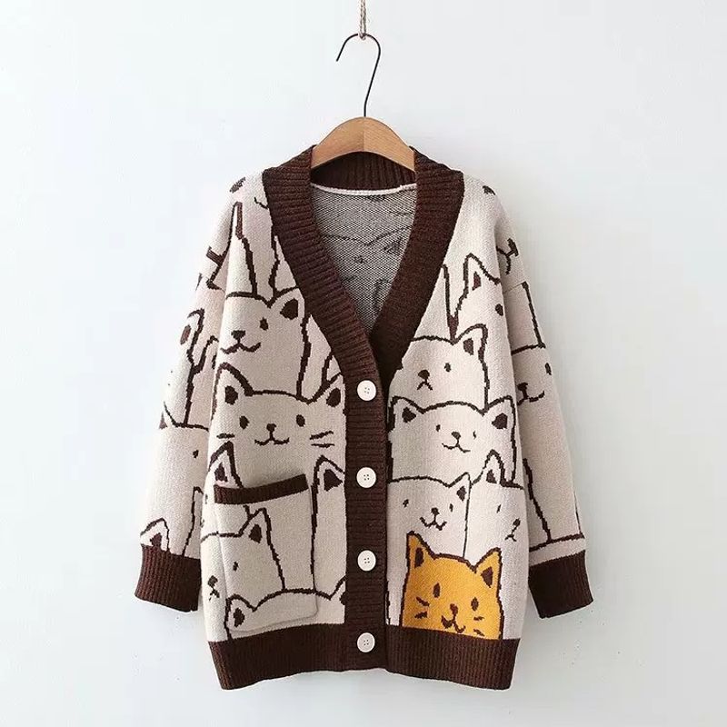 Women's Clothing Knitted cardigan jacket women's knitted new bear jacquard loose lazy style sweater_voghion.com