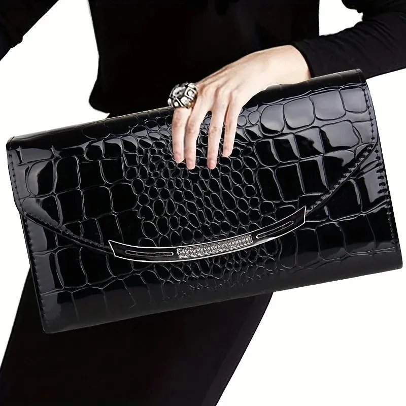 Patent leather womens Large capacity chain clutch Single shoulder straddle bag 240924_voghion.com