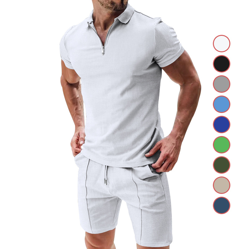 Men's Short Sleeve Shorts Casual Summer Waffle Solid Color Loose Fit Turn-down Collar T-shirt Set_voghion.com