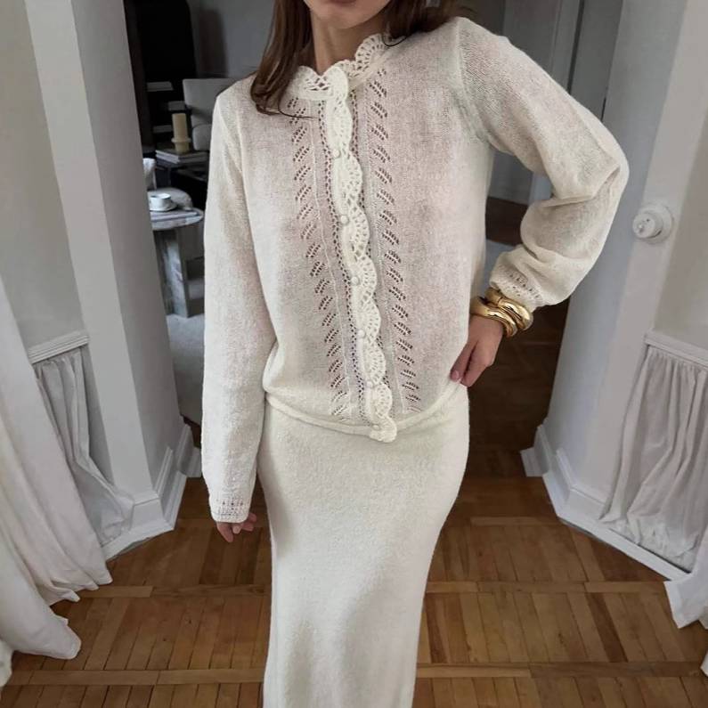 Damen Strickjacke – Klassischer Rundhals-cardigan Mit Spitze_voghion.com