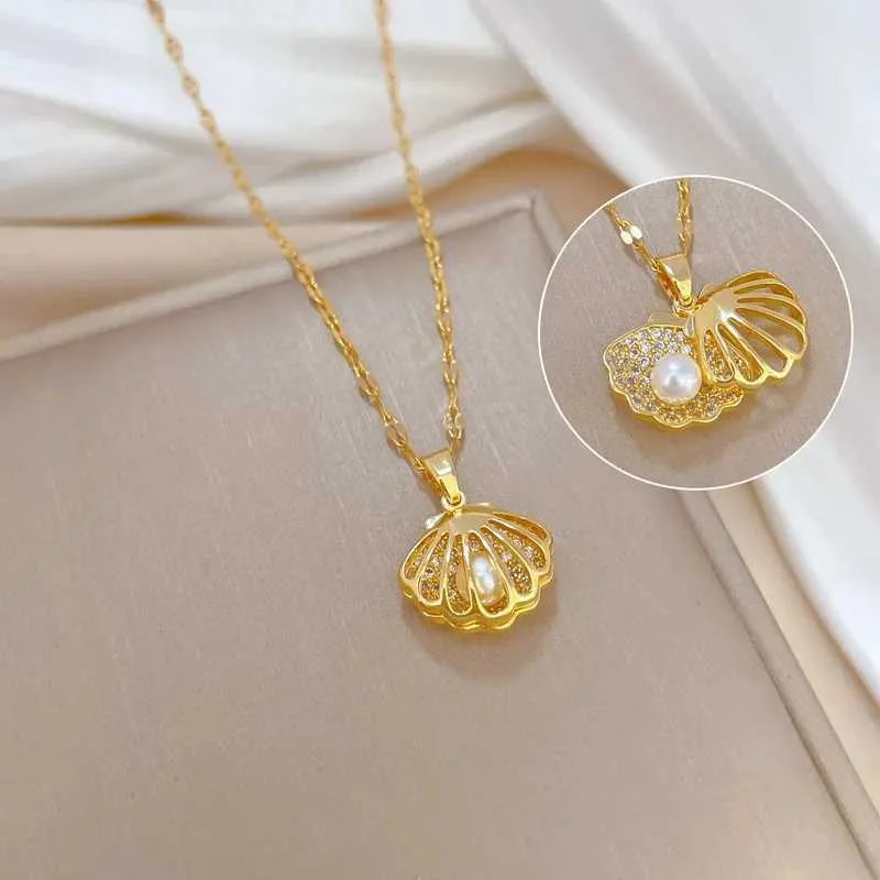 Anhänger Halsketten Modische leichte personalisierte Mikro-verzierte Schmuck Muschel Perlenkette klassischer Edelstahl_voghion.com