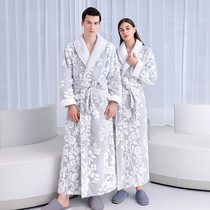 Autumn And Winter Silver Gray Double Layer Thickened Jacquard Comfortable Cotton Velvet Nightgown Long Plush Bathrobe_voghion.com
