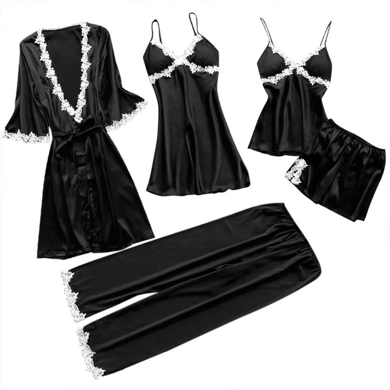 Ensemble de pyjama d'été en soie 5 pièces pour femmes, grande taille, avec bordure en dentelle florale au crochet, vêtements de nuit, couleur unie, nuisette_voghion.com