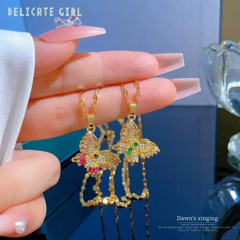 Collane in acciaio inossidabile, elegante collana con ciondolo a farfalla, catena con strass per donna, girocollo con cristalli scintillanti_voghion.com