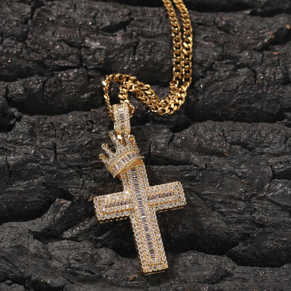 Krone kors anheng halskjede menn Hip Hop punk mote personlighet bred GRA moissanitt diamant gull sterling sier cubansk_voghion.com