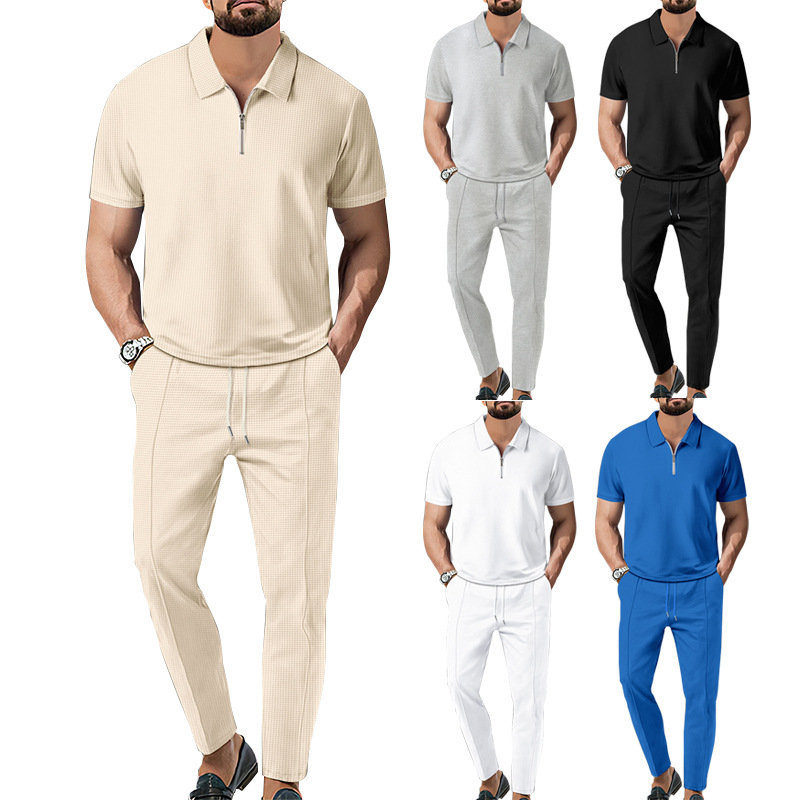 Men's Sets 2024 Autumn New Men's Solid Color Waffle Polo Neck Short Sleeve Zipper Pants Set