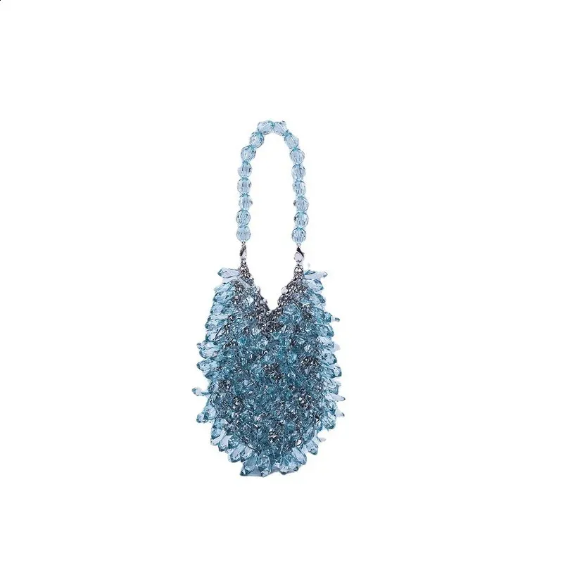 Borsa a secchiello piccola da sera in cristallo trasparente intrecciato a mano, verde, blu e giallo, fatta a mano, estiva_voghion.com