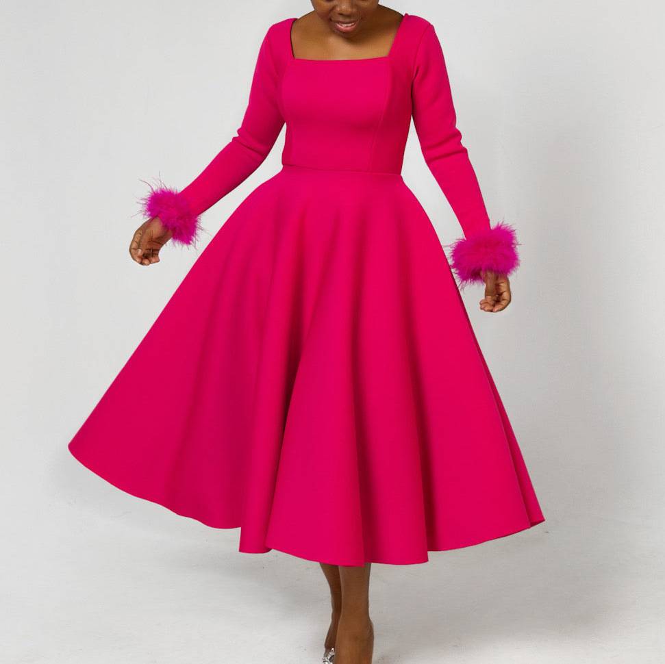 Fashionable And Elegant Feather Fur Splicing Banquet Big Swing Dress Dress For Women