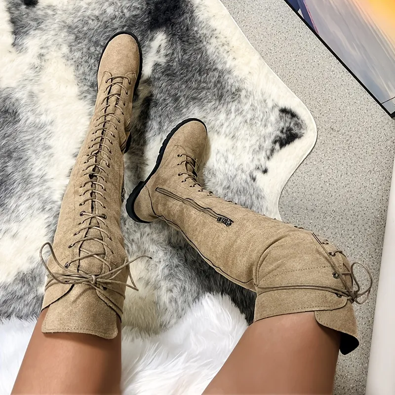 Overknee-Stiefel für Damen, einfarbige Schnürschuhe mit seitlichem Reißverschluss, runde Zehen, klobige Schuhe mit niedrigem Absatz_voghion.com