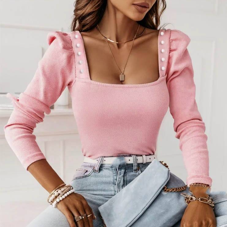 Women's Clothing new solid color beaded long sleeved pit strip top