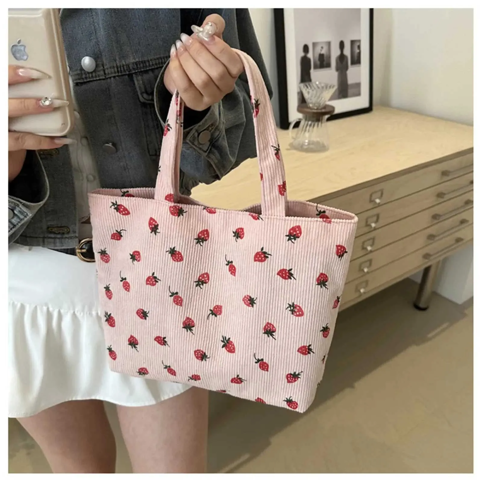 Corduroy Strawberry Print Tote Bag Versatile Everyday Shoulder Bag_voghion.com