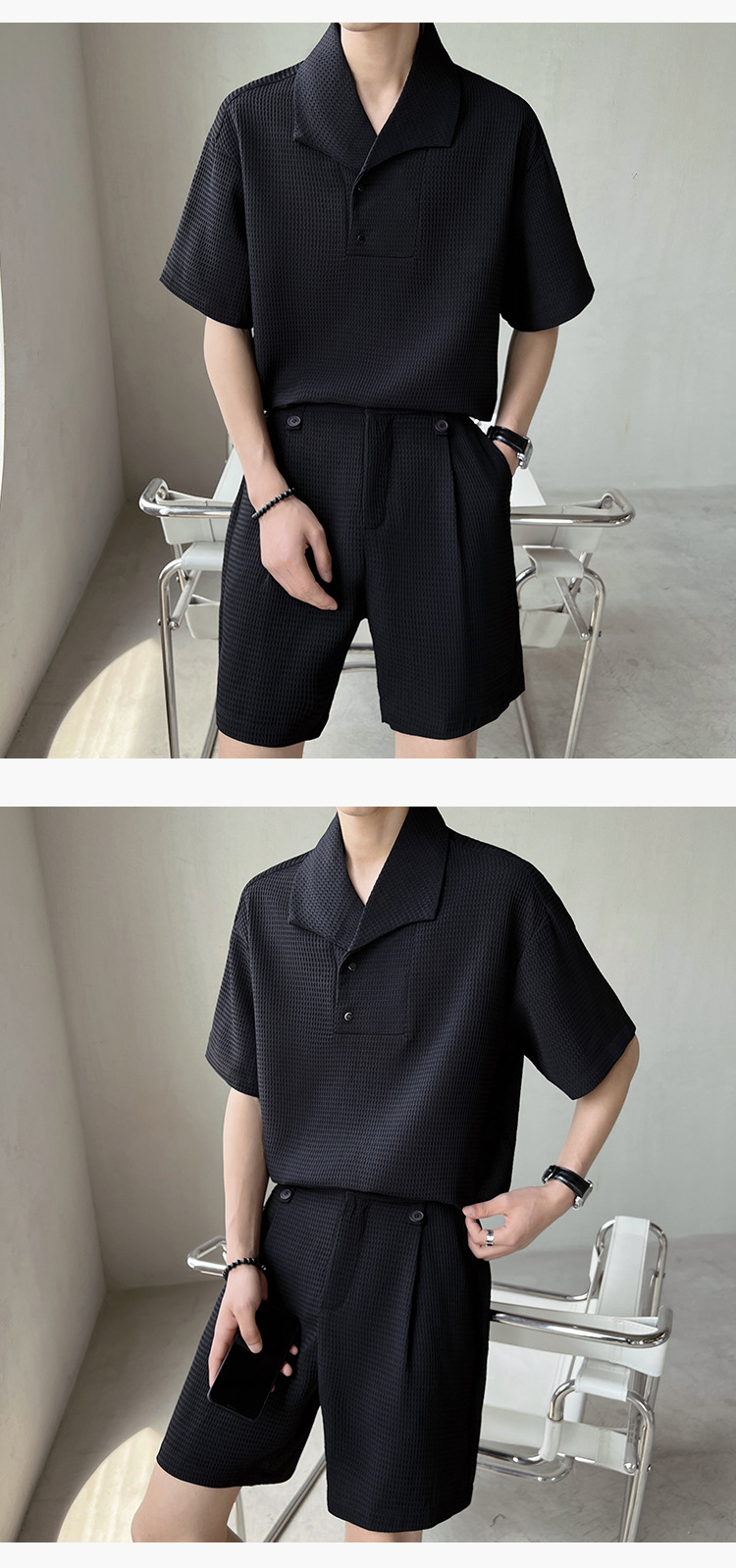 Waffel-Lässiges Kurzarm-Set 2024, neues Sommer-Trend-Herren-High-End-Poloshirt mit kubanischem Hals_voghion.com