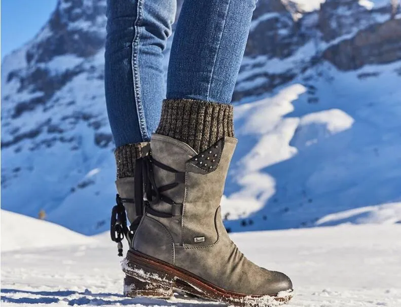 Women Retro Mid-Calf Ladies Fashion Snow Boots Shoes Thigh High Suede Warm Botas Wool knitted socks Martin shoes_voghion.com