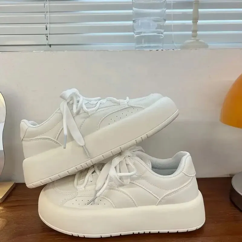 Scarpe col tacco alto da donna bianche piccole con testa rotonda e fondo spesso, versatili, alla moda, casual, traspiranti_voghion.com