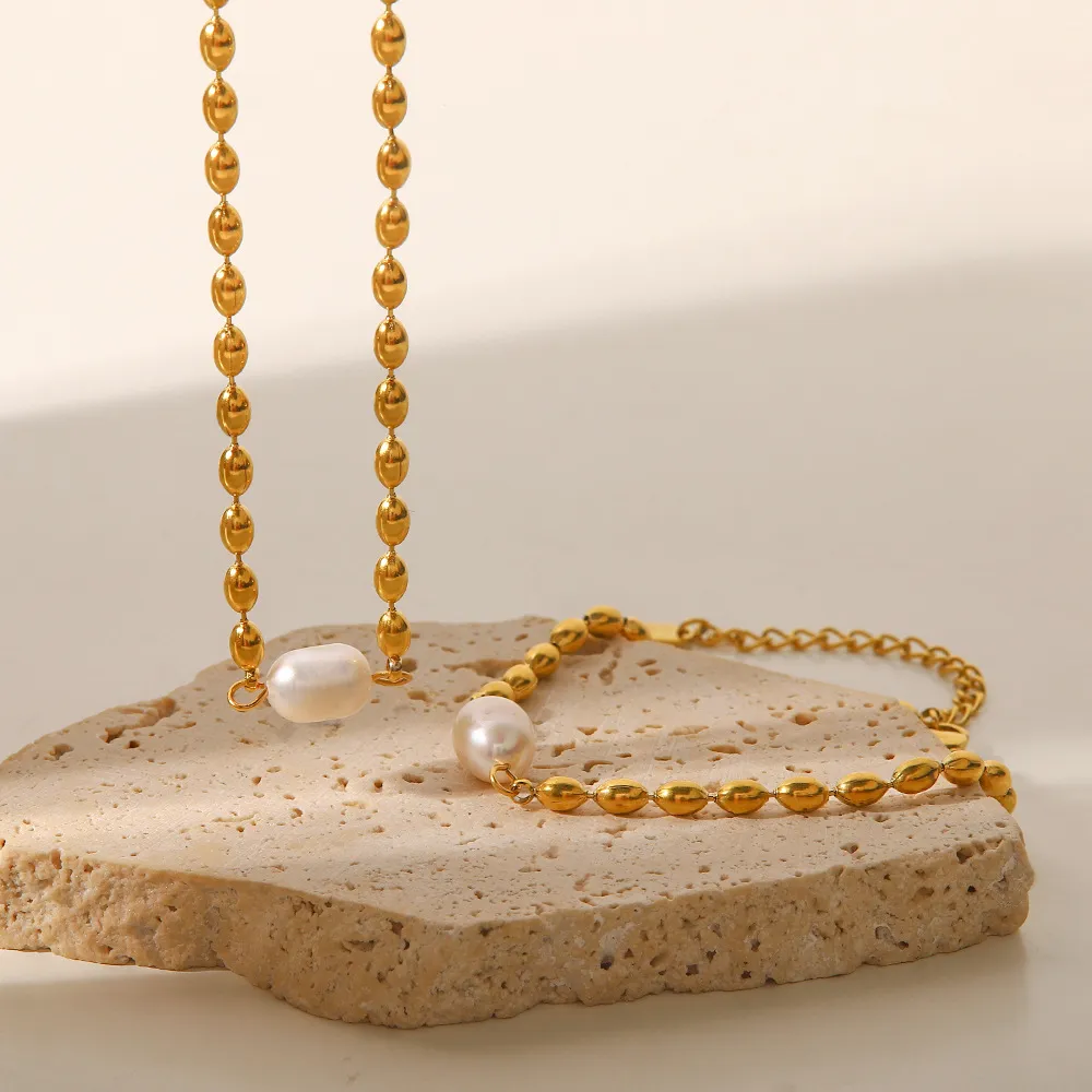Set collana e bracciale a catena con perle in acciaio donna_voghion.com