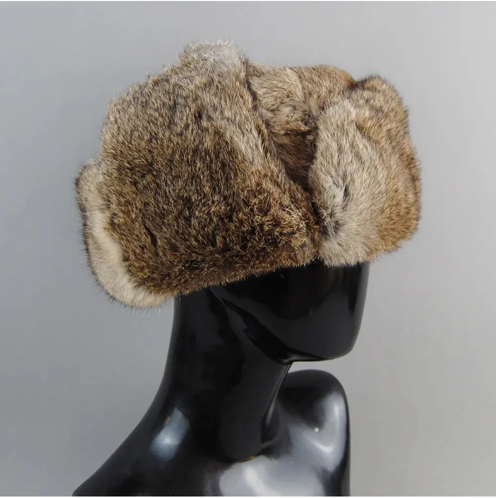 BeanieSkull Men's Caps Natural Bomber With Earflaps Winter Unisex Warm Russian Ushanka Hat Real Rabbit Fur Hats 231017_voghion.com