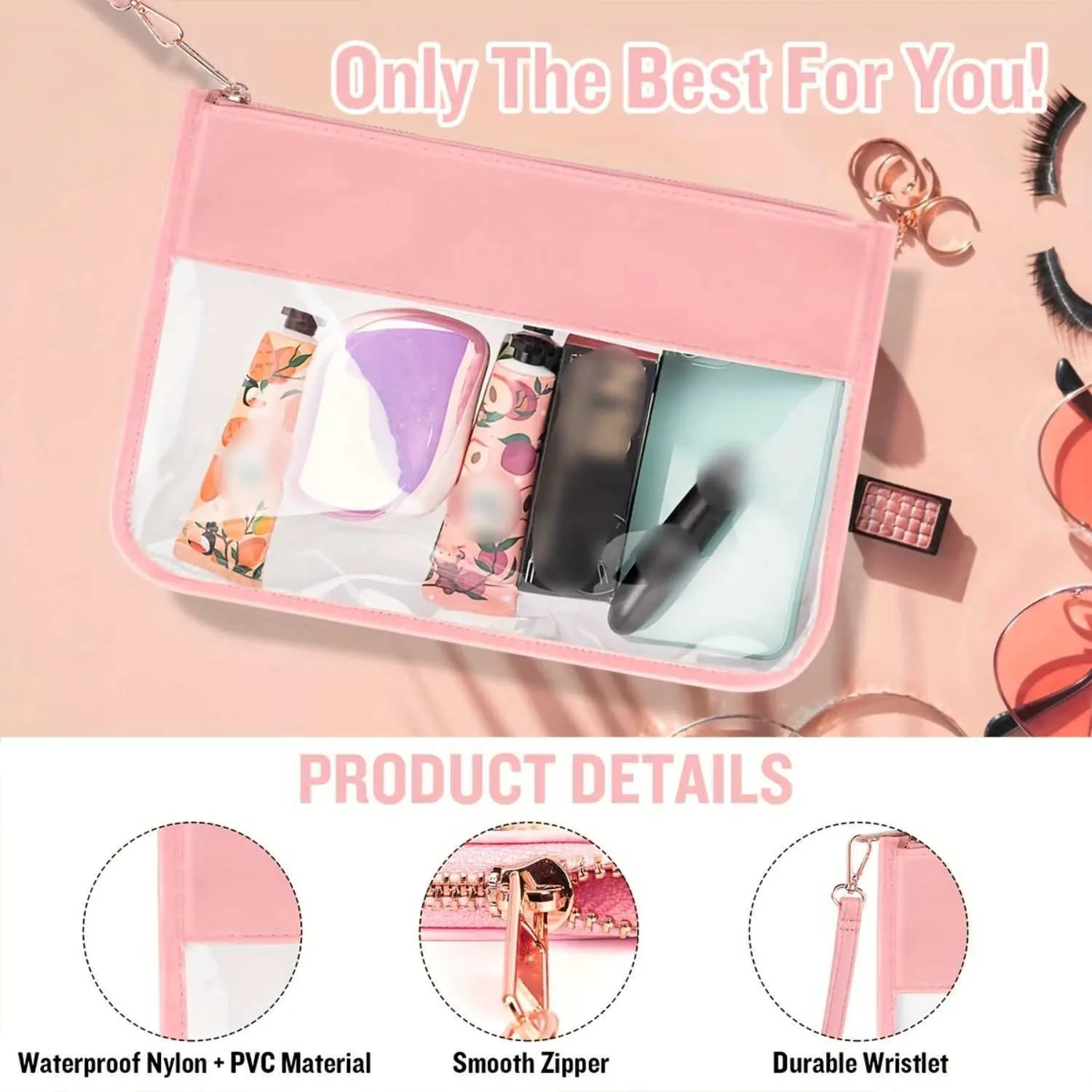 1 organizer da viaggio in PVC impermeabile per il trucco con cerniera, borsa da toilette trasparente, portafoglio e snack Y241023_voghion.com