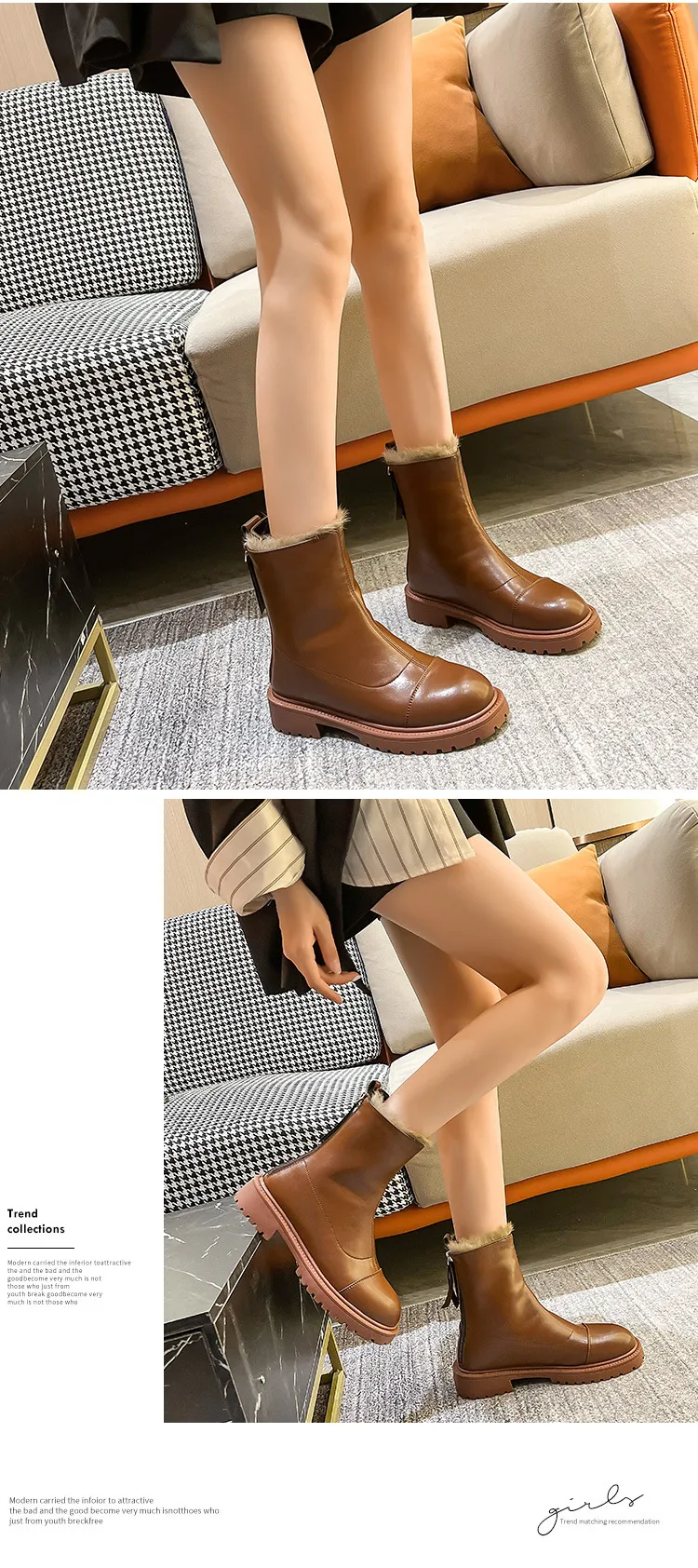 Kurze, knielange Ritterstiefel aus Plüsch mit runder Sohle und dickem Absatz in Volltonfarbe und schmaler Passform mit hohem Schaft für Damen_voghion.com