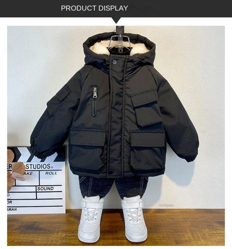 Nova jaqueta de algodão para inverno, casaco preto com capuz para meninos, roupas para crianças, adolescentes de 3 a 8 anos, parka acolchoado, traje de neve_voghion.com