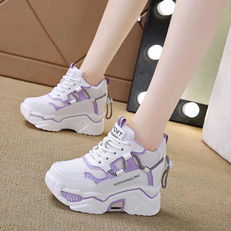 Grå joggesko for kvinner tenniskurv femme tykk plattform kile pustende sport ladi høyde 10 cm sko_voghion.com
